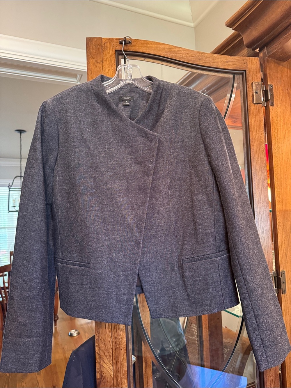 Ann Taylor Factory Charcoal Navy Asymmetric Blazer denim look